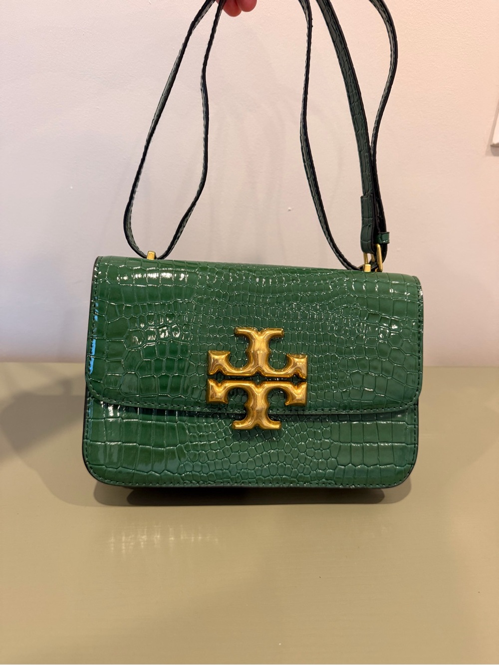 Tory Burch Emerald Croc-Embossed Shoulder Bag with Gold Logo